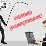 Un voleur tient une canne à pêche ayany au bout un hameçon au-dessus d'un ordinateur utilisé par un homme. Le texte: "Phishing (hameçonnage)" apparait en gros en travers de l'illustration en rouge. Et un panneau triangulaire ayant un "!" au centre et qui se trouve au-dessus de la tête de la future victime du phishing.