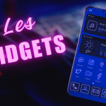 Image pour illustrer le sujet de l'article couleurs sombres violet et bleu électrique : arrière plan flou représentant une main tapant sur un clavier. Au premier plan, l'écran d'un smartphone avec des widgets et des icônes. Ainsi que le titre de l'article lui étant de couleur rose néon.